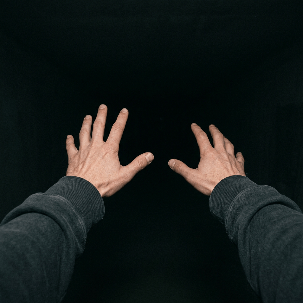 Two outstretched hands with palms facing inward, surrounded by darkness